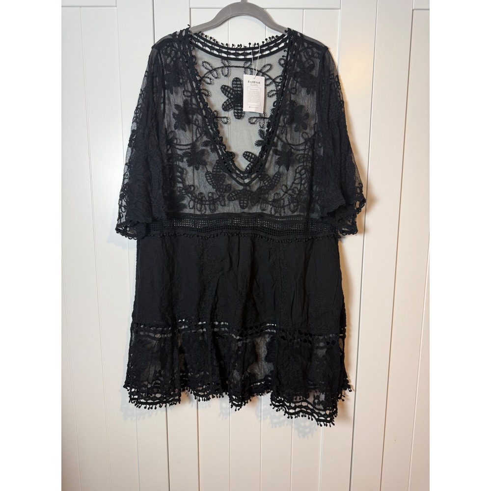 EOMENIE Black Lace Boho Kimono Cover Up Tunic Dress Floral Crochet Trim